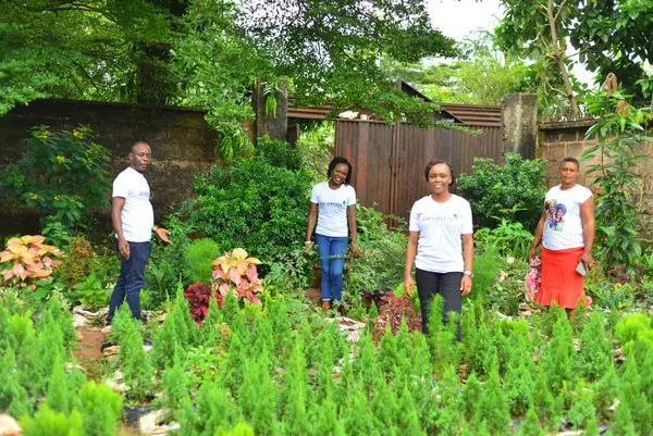 Foundation volunteers standing among seedlings in a nursery